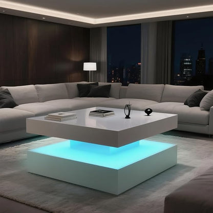 LED Coffee Table for Living Room, 2-Tier Modern Square Center Table with Music Sync Lights, High Gloss Surface, 30 3/4" x 30 3/4" (White)