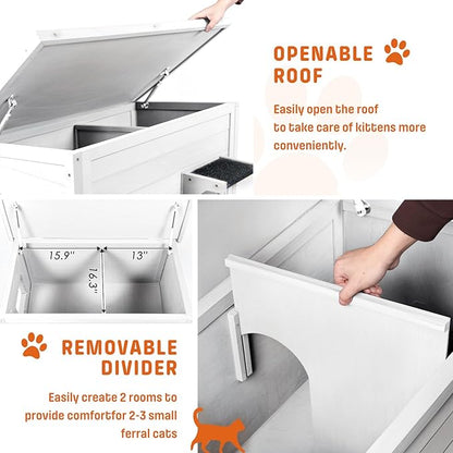 BRIOPAWS Outdoor-Cat-House-Insulated | Feral-Cat-Shelter for Winter | Weatherproof | Large Wooden Pet House for Multiple Cats | Foldable Ladder | Acrylic Side Window | White