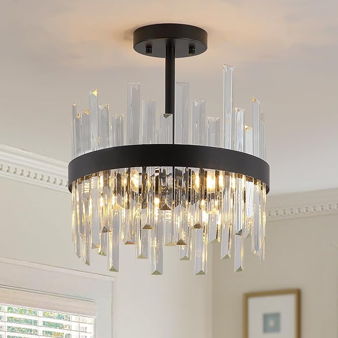 Black Semi Flush Mount Ceiling Light Fixture, Foyer Kitchen Lighting Fixtures Ceiling Modern Hallway Light Fixtures Ceiling Mount Lights for Bedroom, Bathroom, Laundry Room, Entryway, Hallway