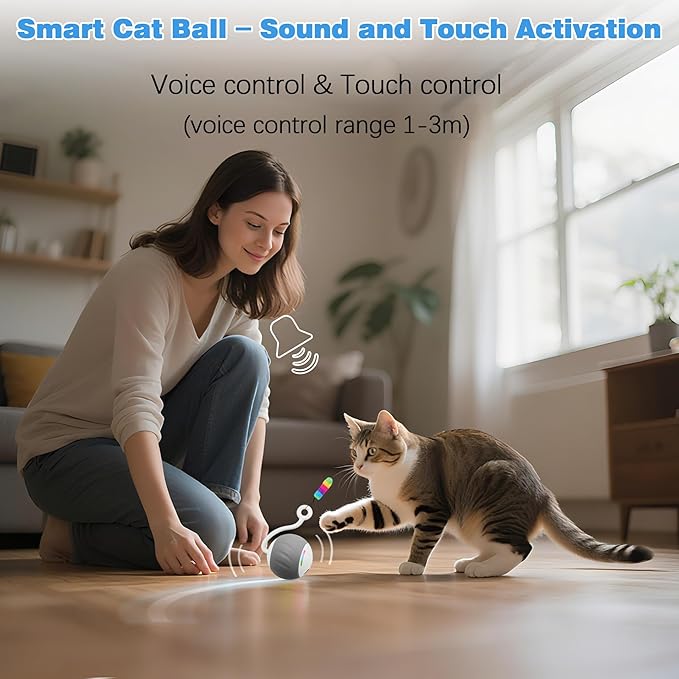 Cat Toys Interactive for Indoor Cats, Touch & Sound Smart Control - Fast slow 2 Speed Motion Activated Cat Ball Toy for Bored Cats With LED Lights, Feathers Tail, USB Charging Cable, 6in1 - Gray