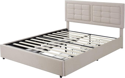 VECELO Queen Size Bed Frame with 4 Drawers, Adjustable Tufted Button Headboard, Upholstered Platform with Wood Slats Support, Built-in USB and Type C Ports, Beige