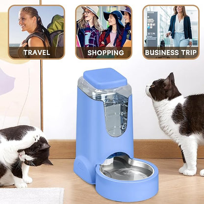 HWONMTE Portable Automatic Cat Feeder and Water Dispenser with Stainless Steel Bowl Dog Gravity Food Feeder and Waterer for Small Medium Pets Puppy Kitten 1 Gallon x 2 (Sapphire Blue)