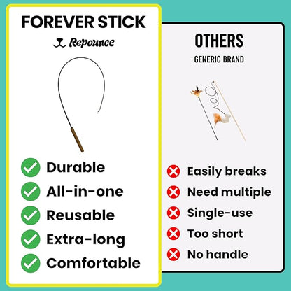 Forever Stick - The Unbreakable Cat Teaser Wand, Extra Long Durable Interactive Toy for Indoor Cats, Cat Fishing Pole Toy for Bored Indoor Adult Cats, Feather String Toy On Stick Enrichment