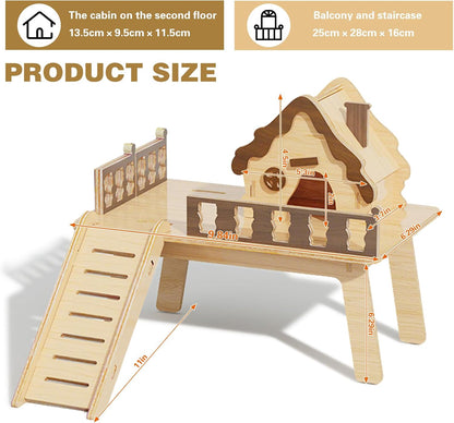 Wooden Hamster Platform and Dwarf Hamster House,Cute Syrian Hamster Tiny House Hideout,Large Balcony Lookout Holes,for Dwarf Gerbils and Mouse Mice Rat Other Small Animals(E)