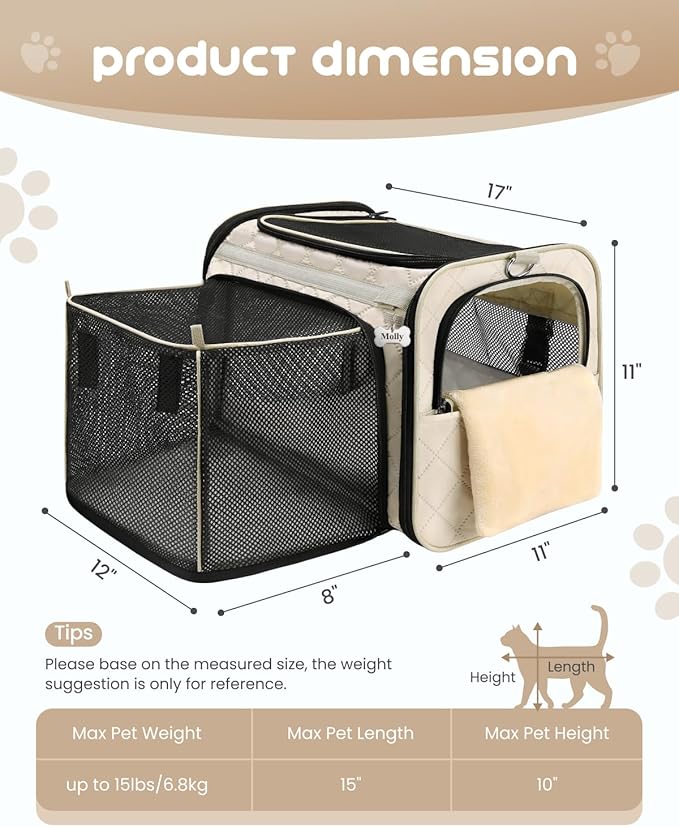 MIDOG Cat Carrier Soft for Small to Medium-Sized Cats,Up to 15 Lbs, TSA Airline Approved Soft Sided Pet Carrier,Collapsible Travel Cat Bag(Beige)