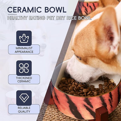 Dog Bowl Set with Wood Stand, Non-Slip Anti-Tip Elevated Design, Double Ceramic Animal Food Water Cat Bowls, Suitable for Large/Medium Sized Dog Pet Feeder Dish Station - 32 OZ, Tiger Stripe