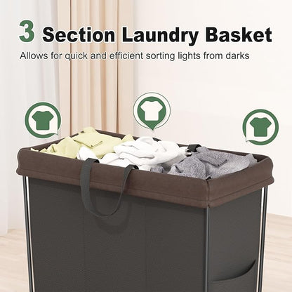 Mefirt 320L Laundry Hamper with Wheels, 3 Section Large Rolling Laundry Basket Bag with Wheels, Clothes Hamper Cart for Laundry, Bedroom, Bathroom and Dorm