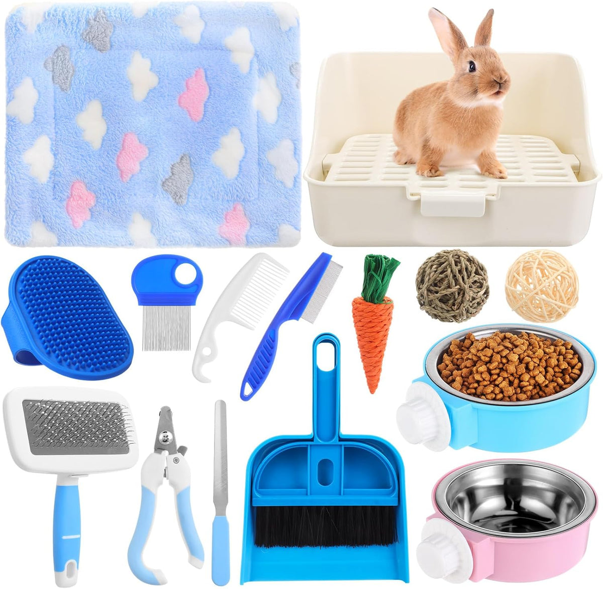15 Pcs Rabbit Starter Kit Small Rabbit Litter Box Animal Grooming Kit Bunny Toys Bowl Blankets with Cleaning Set for Guinea Pig Accessories(Multicolor)