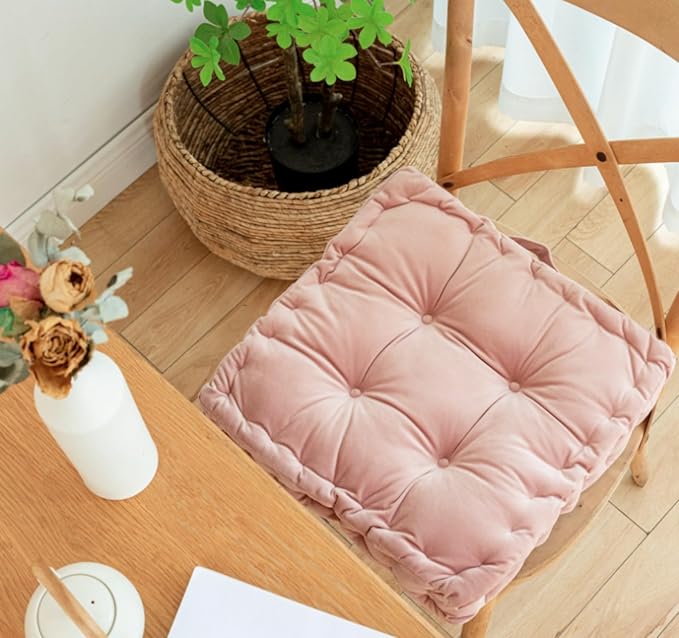 cuyfomr Floor Pillow, Square Floor Seating Pillow Cushion with Handle Thicken Portable Velvet Floor Pillow Cushion for Yoga Living Room Bedroom Home Decor (Beige,16.5×16.5×3.54in)