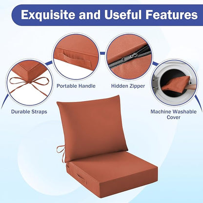 Outdoor Seat Cushion Set, Waterproof & Fade Resistant Patio Chair Cushions, Outdoors Cushion for Patio Furniture, 24 x 24 x 5.75 Inch, Outdoor Couch Cushions with Handle and Ties, Spice