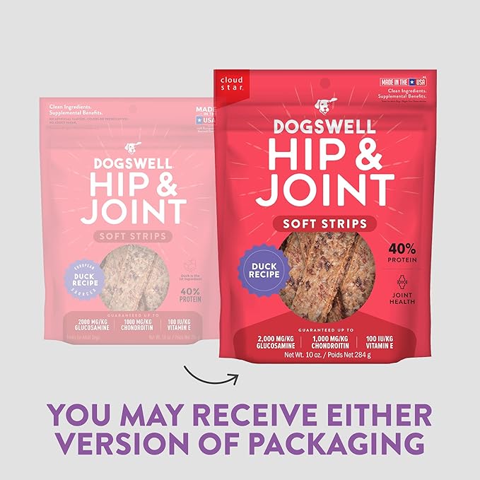DOGSWELL Hip & Joint Dog Treats 100% Meaty, Grain Free, Glucosamine Chondroitin & Omega 3, Duck Soft Strips 10 oz