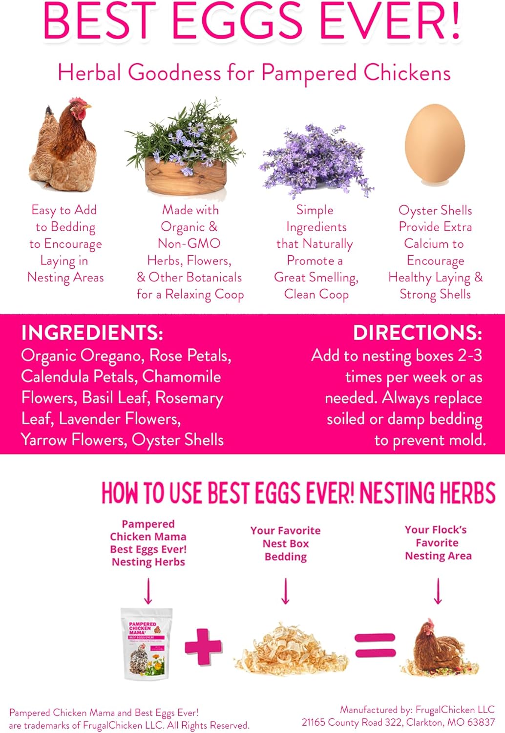 Pampered Chicken Mama Best Eggs Ever! Nesting Herbs for Chickens (10 Ounces) Calcium Supplement for Chickens | Chicken Feed Supplies, Hen Treats for Coops