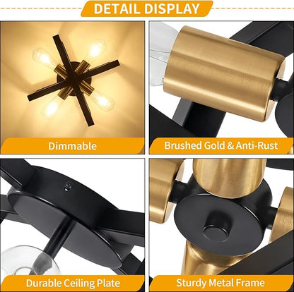 Modern Black and Brushed Gold Semi Flush Mount Ceiling Light, 4-Light Industrial Geometric Light Fixture, Ceiling Lights for Hallway Entryway Laundry Kitchen Dining Room Bedroom Lighting, UL Listed