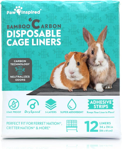 Paw Inspired Disposable Guinea Pig Cage Liners | Bamboo Charcoal Odor Controlling | Super Absorbent Liners Pee Pads for Ferrets, Rabbits, Hamsters, and Small Animals (34x24 (Critter Nation) -12 ct)