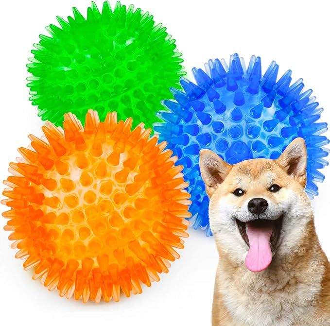 SHARLOVY Squeaky Balls for Dogs Small, Fetch Balls Rubber 3 Pack Bright Colors, TPR Puppy Dog Toys, Squeaky Spike Chew Toys for Small Puppy