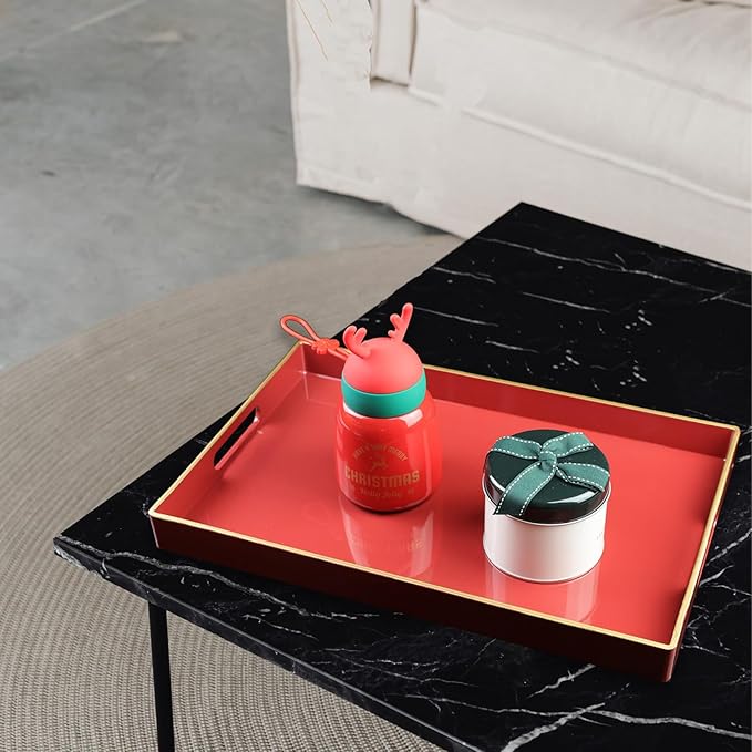 Red Decorative Coffee Table Tray, Rectangular Plastic Serving Tray with Handles for Living Room, Ottoman, Bathroom, 15.7"*10.2"