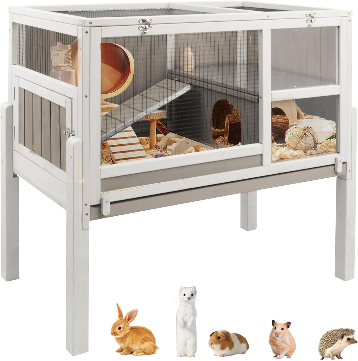 Guinea Pig Cages Indoor, Wooden Guinea Pig Cages with Stand, Rabbit Cage Hutch with Ramp and Hideout, Small Animals Cage Habitat with Not Leakage Pull Out Tray
