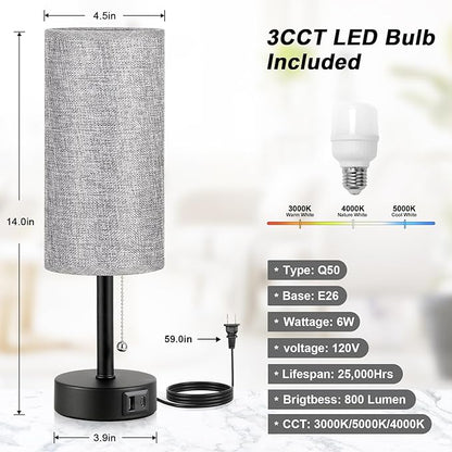 Grey Bedside Lamps for Bedroom Set of 2 - Nightstand Table Lamp with USB A + C Charging Port, 3 Color Temperatures Pull Chain Night Stand Light, Side Table Desk Reading Lamp for Living Room/Dorm Room
