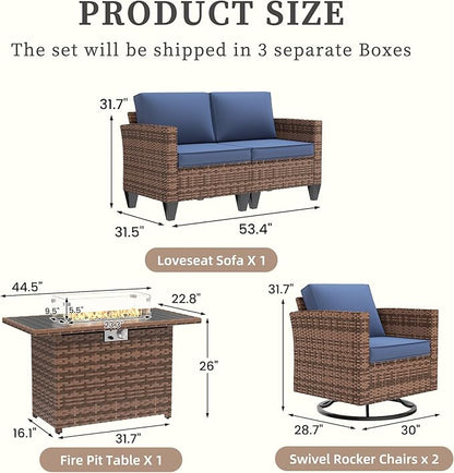 UDPATIO 5 Pieces Patio Furniture Set with Fire Pit Table, Outdoor Conversation Set with Rocking Swivel Chairs, Wicker Furniture Set with Waterproof Cover, 4'' Thickened Cushion, Navy