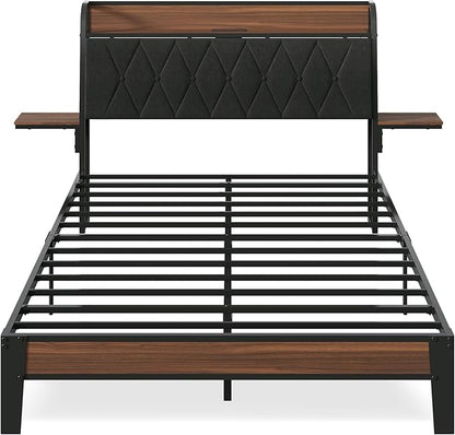 WLIVE Full Upholstered Bed Frame with 2 Side Shelves, Linen Tufted Storage Headboard with Charging Ports and LED Light, Metal Solid and Stable, No Box Spring Needed, Easy Assembly, Brown