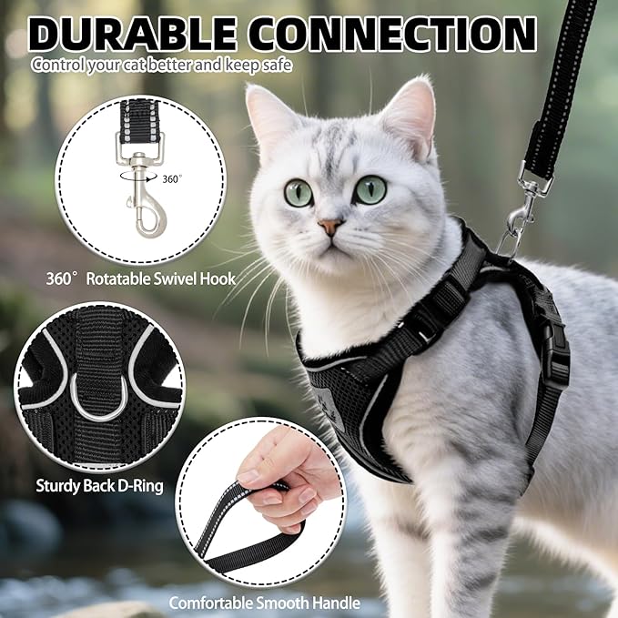 PUPTECK Cat Harness and Leash Set Escape Proof Reflective Cat Walking Harness Adjustable Soft Breathable Mesh Vest for Small Pets, Black, M