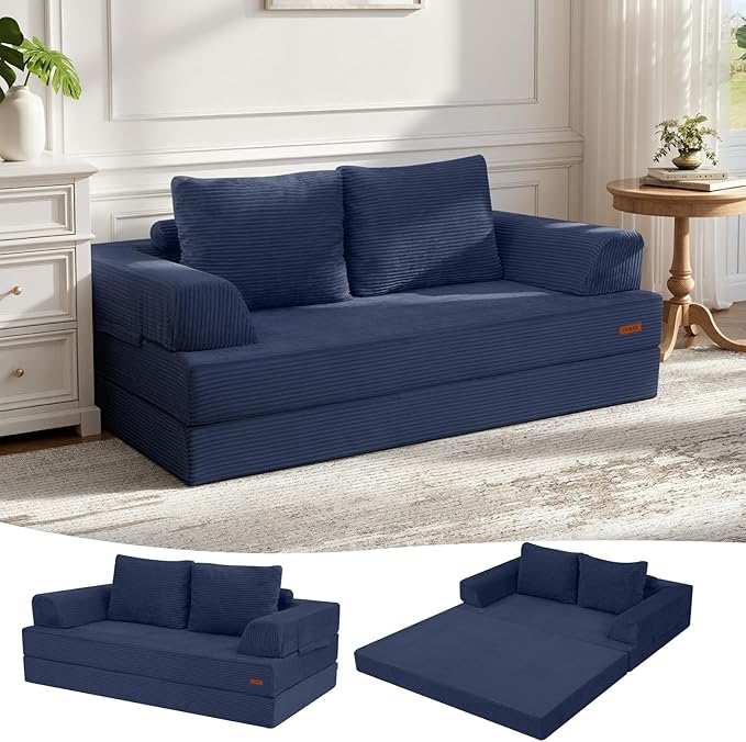 COMAX Convertible Sofa Bed, Folding Floor Couch Corduroy Fold Out Couch Bed Futon Sleeper Mattress with Pillows, Boneless Sofa Comfy Lounge Loveseat for Living Room Bedroom, Navy