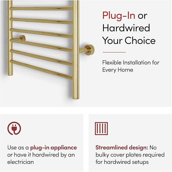 Heated Towel Rack, 10-Bar Wall-Mounted Electric Towel Warmer, Polished Gold