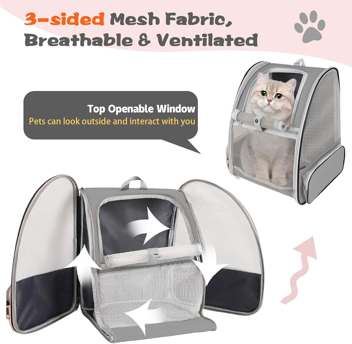 Cat Backpack Carrier,Pet Carrier Airline Approved for Small Dog Cat Puppy Kitten Bunny,Ventilated Mesh Design Animal Backpack for Hiking Camping Travel Bag (Light Grey)