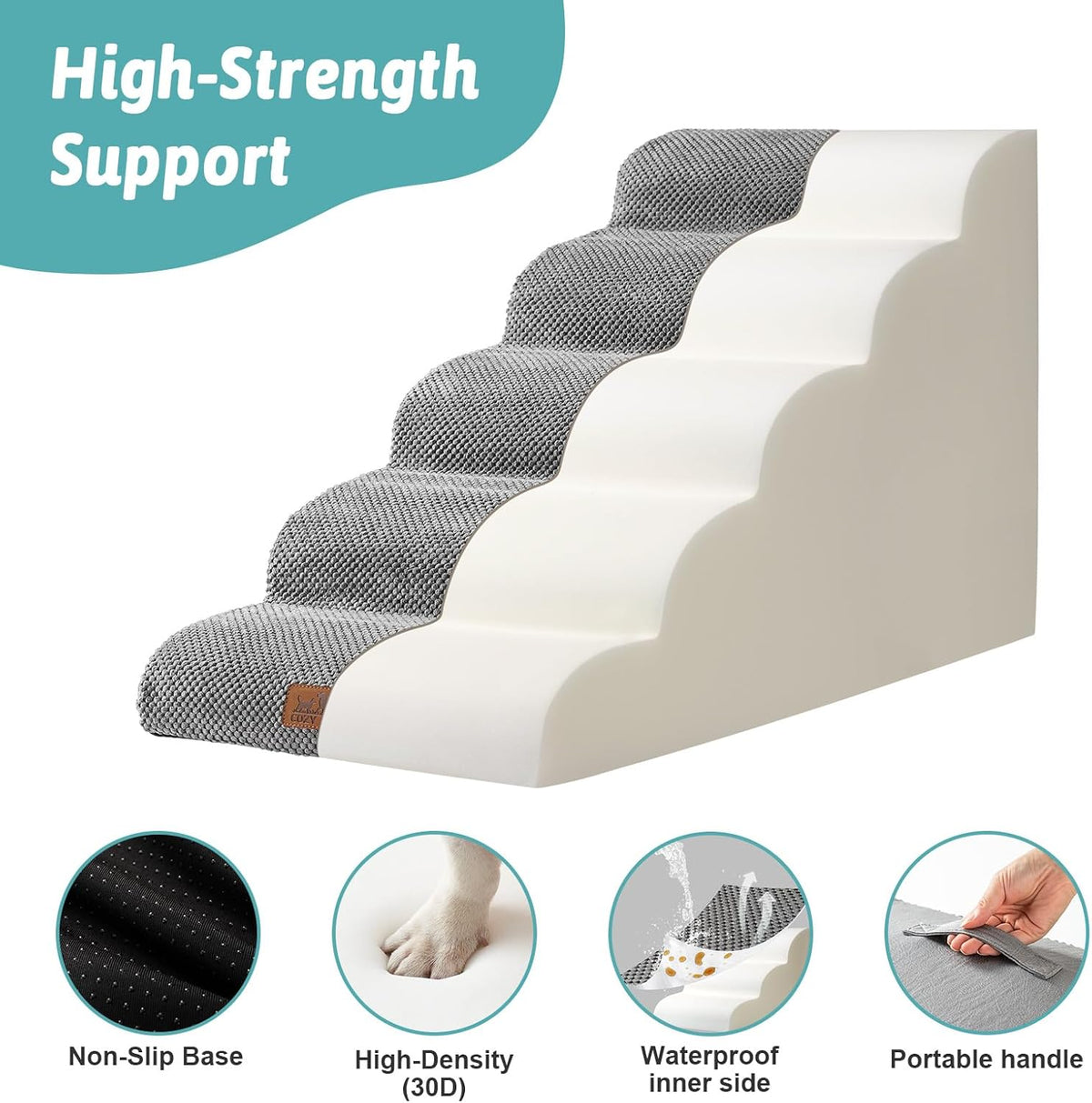 Wide Dog Stairs 19.7" Width, Pet Step for Small/Medium/Large Dog, Puppy or Cat, Pet Ramp for High Bed or Car, High Density Foam Ladder, 19.7x33x22.4 in, Stable, 5 Step, Grey
