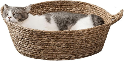 Cat Bed, Straw Woven Cat Baskets Bed, Round Wicker Cat Basket Nest, Non-Slip Cozy Kitten Bed for Cats Small Dog (Only Nest,Medium)