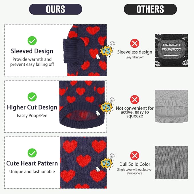KOOLTAIL Cat Sweater Turtleneck- Soft Knit Cat Sweaters for Cats Only, Cat Christmas Sweater Red Heart Love Pattern Thick Warm Cold Weather Clothes for Small Medium Large Size Kitten Puppy Navy M
