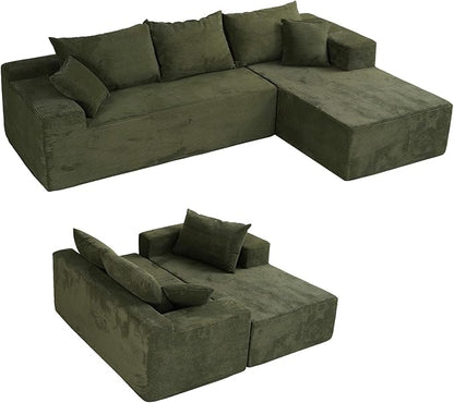 Green Boneless Couches for Living Room – Sectional Cloud Couch in Box, Modular L-Shaped Sofa with Deep Seating for Bedroom Lounge Office, Soft Corduroy Fabric