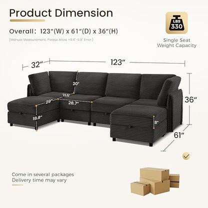 KKL Modular Sectional Sofa U-Shaped 6 Seater Couch with Storage Ottoman, Convertible L-Shaped Plush Wide-Wale Corduroy Couch for Living Room, Apartment, Modern Design, Black