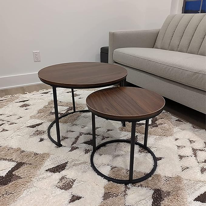 aboxoo Coffee Table Nesting Side Round Set of 2 End Table Top Sturdy Metal Frame Desk Centerpiece Living Room Bedroom Apartment Modern Industrial Simple Nightstand
