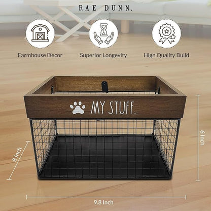 Rae Dunn Pet Toy Basket - Metal and Wood Dog Storage Cat Bin Organizer for Puppy Leash, Blanket, Treats, Food, Accessories Container Baskets Dogs,9.75" x 8" 6"