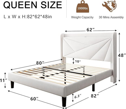 Queen Size Upholstered Bed Frame with Charging Station, Platform Bed Frame with Storage Headboard, Solid Wood Slats Support, No Box Spring Needed, White