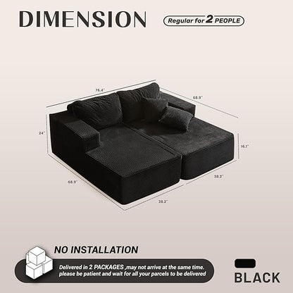 Chaise Lounge Chair, Boneless Couch for Living Room and Bedroom, Sleeper Couches Reading Chairs, Corduroy, Black