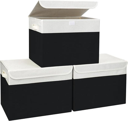 Large 17" 42 Quarts Collapsible Stackable Storage Bins with Lids [3-Pack] Foldable Fabric Linen Storage Boxes Cube, Closet Organizer Baskets with Label for Home (16.7 x 12 x 12", Black & White)