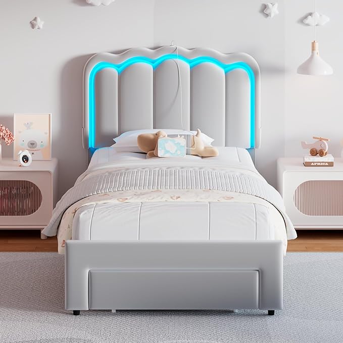Twin Upholstered LED Bed Frame with Storage Drawer and Adjustable Chic Double Wavy Headboard, Velvet Princess Platform Bed for Girls/Kids, Solid Wood Slats Support, No Box Spring Needed, Grey