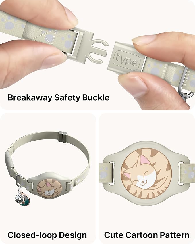 Cat Tracker Collar - Waterproof Airtag Cat Collar with Finder Tag (iOS ONLY), Compatible with Apple Find My, Breakaway Tractive Design with Reflective Pattern & Bell, Khaki(Not for Android Devices)