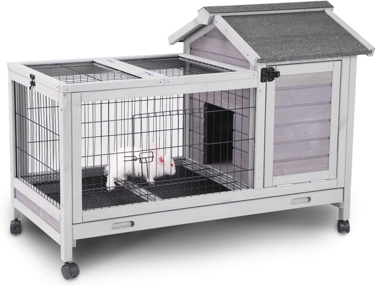 Aivituvin Wooden Rabbit Hutch with Removable Wire Floor Grid, Bunny Cage with Deeper Leakproof Tray 4 Wheels Include