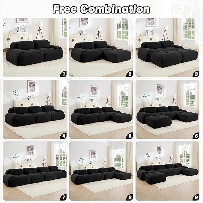 116" Modern Compressed Boneless Couch, 3 Seater Sectional Couches for Living Room, Black Corduroy Cloud Modular Sectional Sofa, Comfy Memory Foam, Extra Deep, Sofas para Sala, No Assembly