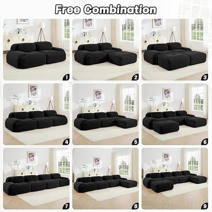 116" Modern Compressed Boneless Couch, 3 Seater Sectional Couches for Living Room, Black Corduroy Cloud Modular Sectional Sofa, Comfy Memory Foam, Extra Deep, Sofas para Sala, No Assembly