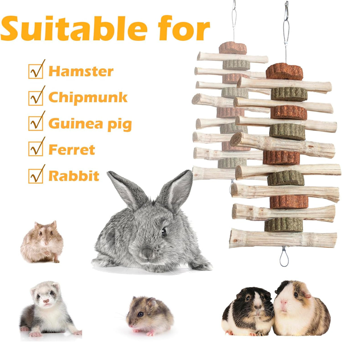4 PCS Rabbit Chew Toys for Teeth Grinding, Delicious Bunny Cage Hanging Chew Toys, Natural Sweet Bamboo Chew Sticks and Timothy Grass Cake Hay Treats Maintaining Healthy Teeth for Rabbits