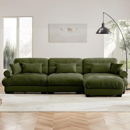 130"Oversized Couch, 3 Seater Modular Sectional Sofa, Olive Green Large L Shaped Sectional Couches for Living Room, Fluffy Couch Set, 3 Seater, Velvet Cloud Couches with Ottoman, Sofas for Living Room