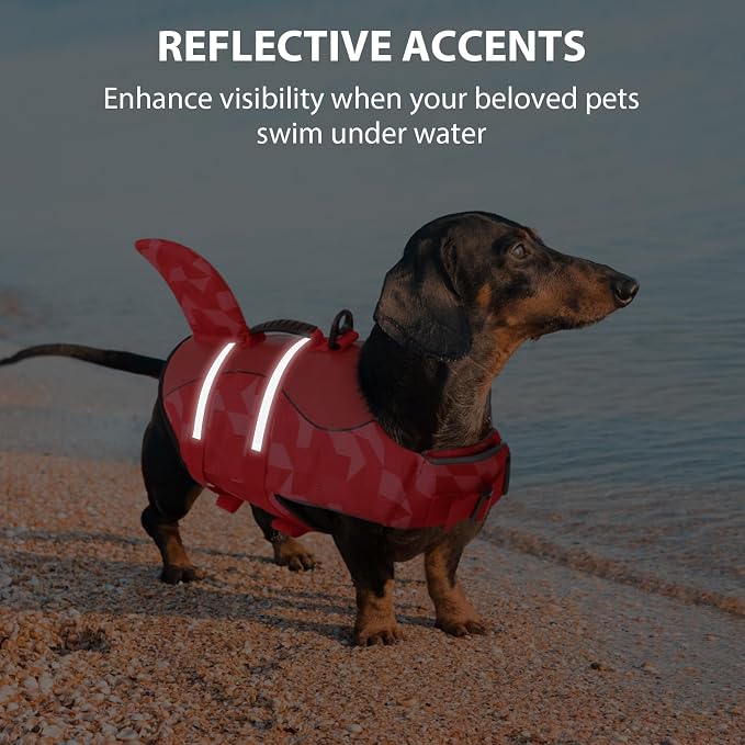 Shark Dog Life Jacket, LifeVests for Boating, High Buoyant Dog Life Vest for Swimming, Adjustable Easy On Pet Jackets for Small, Medium, Large Dogs (Red Triangle,M)