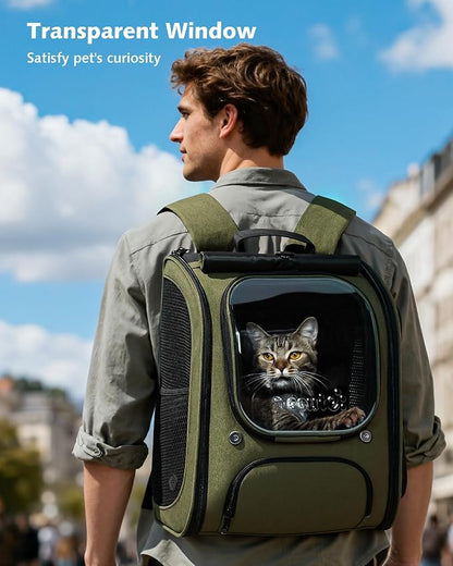 Pecute Cat Backpack Carrier,Large Space Cat Bubble Backpack,Ergonomic,Green | Expandable,Sunshade Curtain,Transparent Window,Safety Rope,Sturdy,Large Mesh on Both Sides for Breathability,for Outdoor,Vet