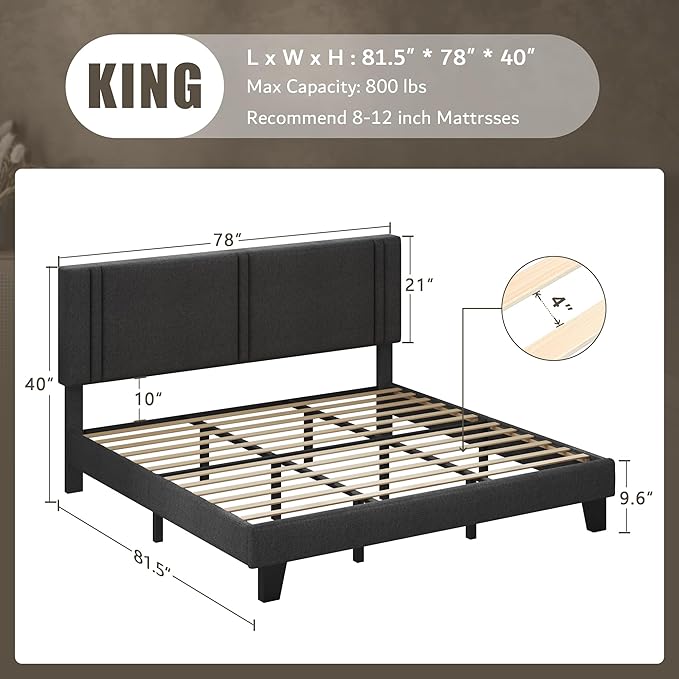 iPormis King Platform Bed Frame with Fabric Upholstered Headboard & Thickened Legs, Mattress Foundation with Solid Wooden Slats Support, No Box Spring Needed, Noise Free, Dark Grey