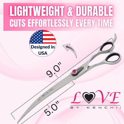 Kenchii Love Left Handed Dog Grooming Scissors, 9 Inch Curved Shears, Dog Scissors for Grooming, Professional Pet Grooming Scissors, Ergonomic & Comfortable