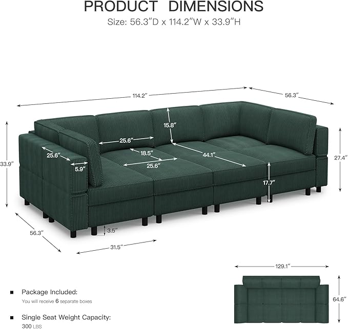 114.2" 8 Seat Modular Sectional Sofa with Deep Storage Seat, Comfy Corduroy Sectional Couch Convertible Modular Sleeper Sofa Couch with Movable Ottoman Chaise, Green